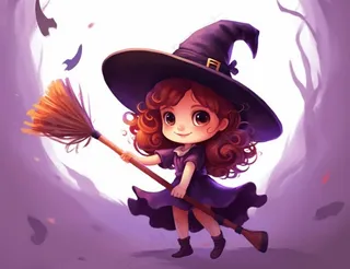 万圣节女巫骑扫把紫色卡通插画背景