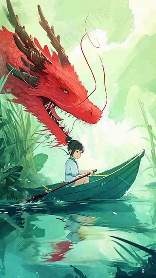 古风河面龙传统手绘插画，中国风漫画