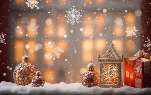 圣诞装饰喜庆礼物红色窗外下雪摄影图