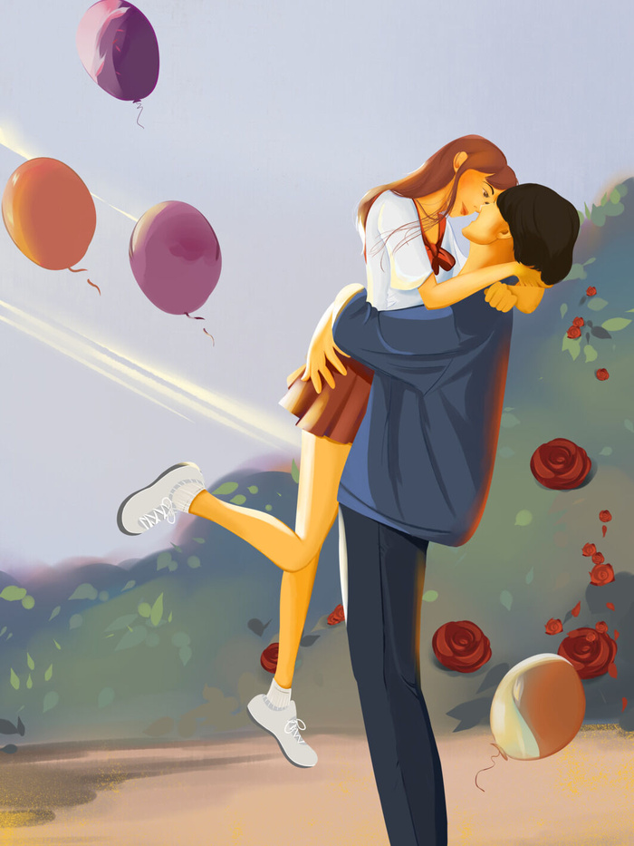 卡通温馨浪漫2月14七夕520情侣拥抱情人节主题插画海报PSD素材