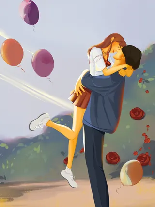 卡通温馨浪漫2月14七夕520情侣拥抱情人节主题插画海报PSD素材