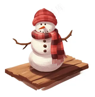 木板上的雪人帽子围巾卡通插画