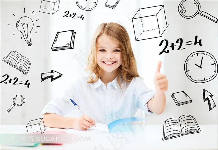 小孩学习系列 - 举起大拇指的好学孩子