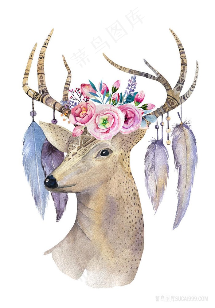 手绘水彩麋鹿艺术插画