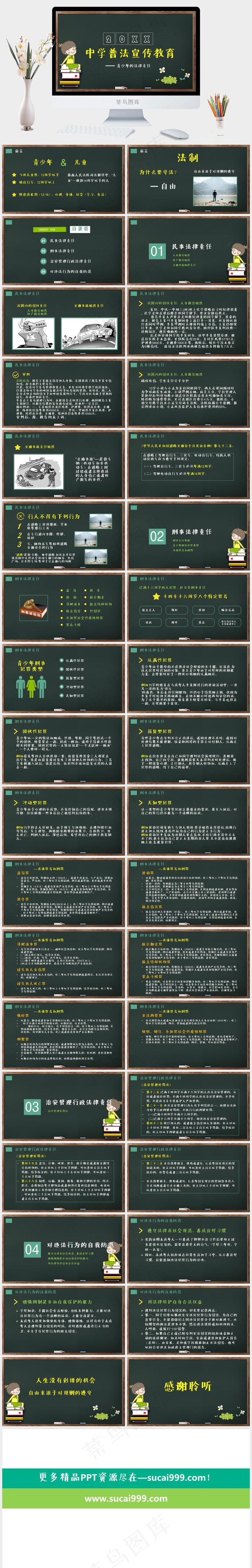 卡通风格黑板样式学生法制教育知识讲解PPT模板