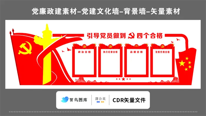 党建文化墙党建素材CDR预览图红色背景引导党员做到四个合格cdr矢量模版下载