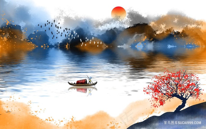 湖畔木船高清水墨风景画