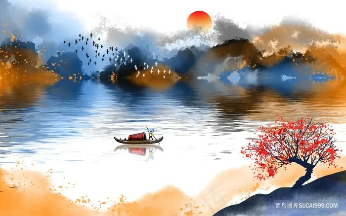 湖畔木船高清水墨风景画