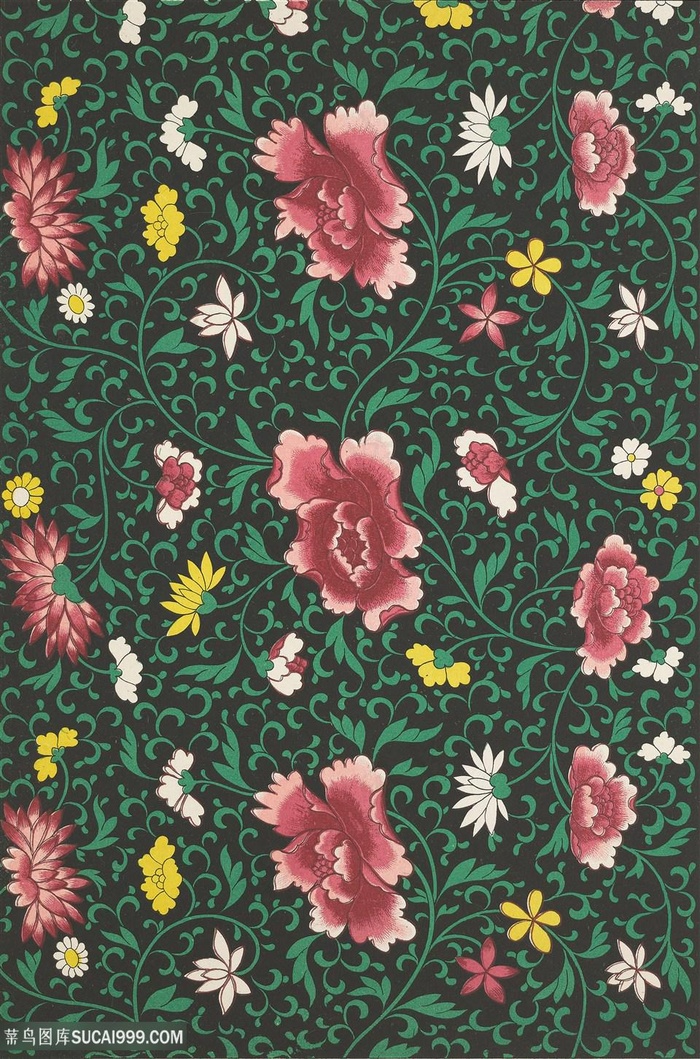 高清黑色背景粉色鲜花植物中式传统纹样集锦中国风图片