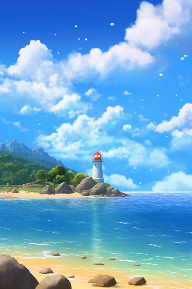 夏日清新阳光沙滩海浪蓝色插画背景(896x1344)