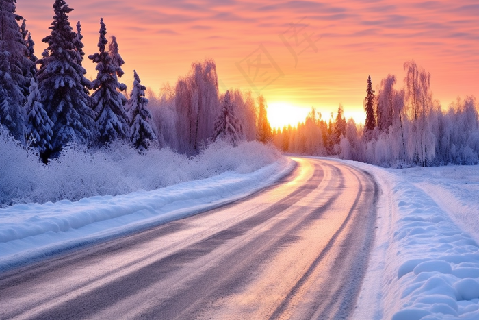 夕阳下的雪地公路森林雪景摄影图(4032x2688)