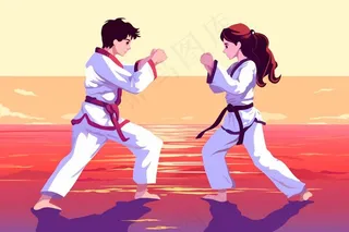 跆拳道对抗男女卡通插画素材背景
