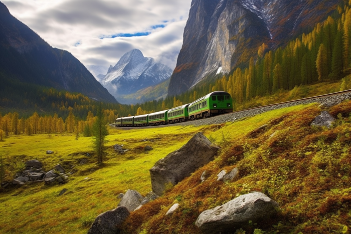 穿梭在雪山森林草甸的火车摄影图