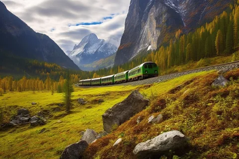 穿梭在雪山森林草甸的火车摄影图