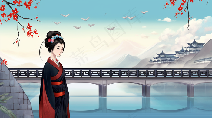 中国风古风少女小桥流水人家水墨画插画(4368x2448)