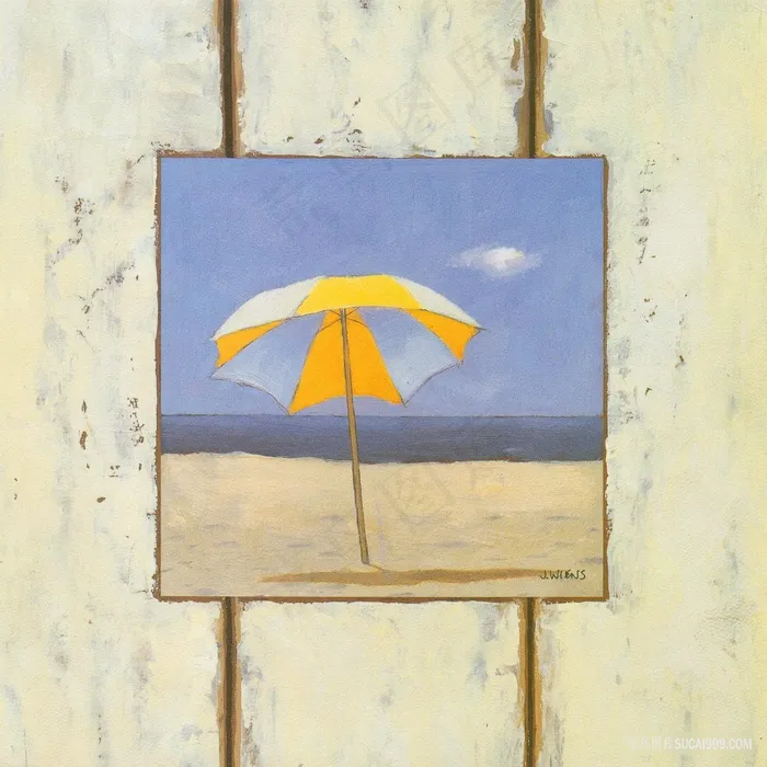 太阳伞沙滩海景画架油画