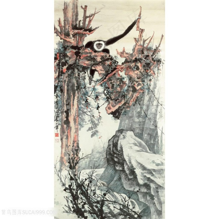 张大千树与鸟国画图片