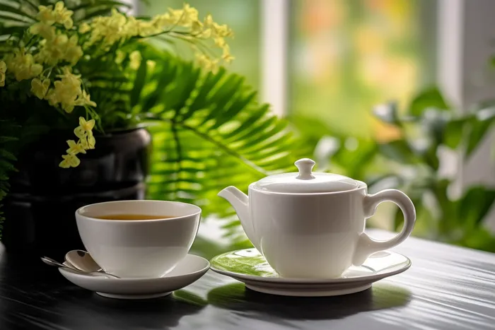 餐桌上的咖啡杯下午茶绿植阳光光影摄影图(4032x2688)