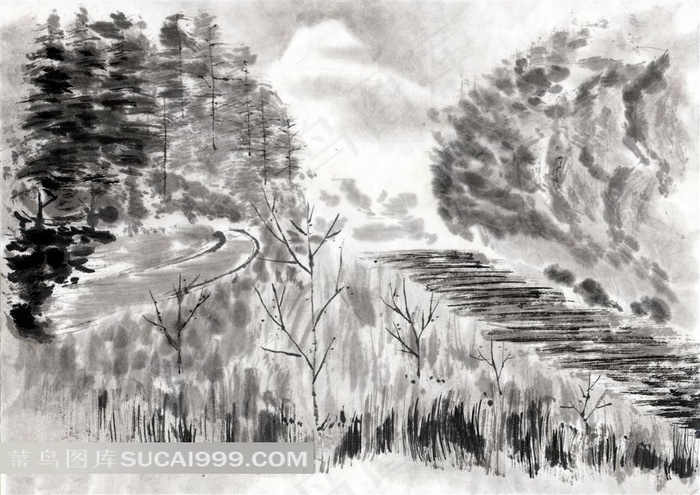 郊外的草地和树木水墨画
