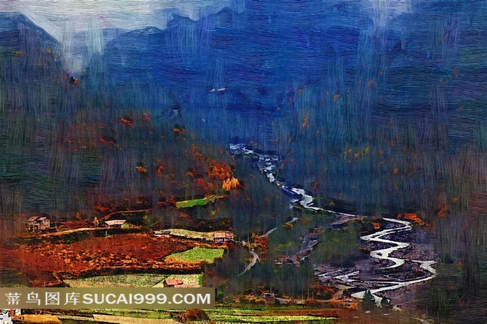 美丽的乡村风景油画素材