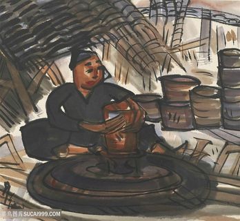 林风眠手绘陶瓷妇女装饰画