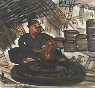 林风眠手绘陶瓷妇女装饰画