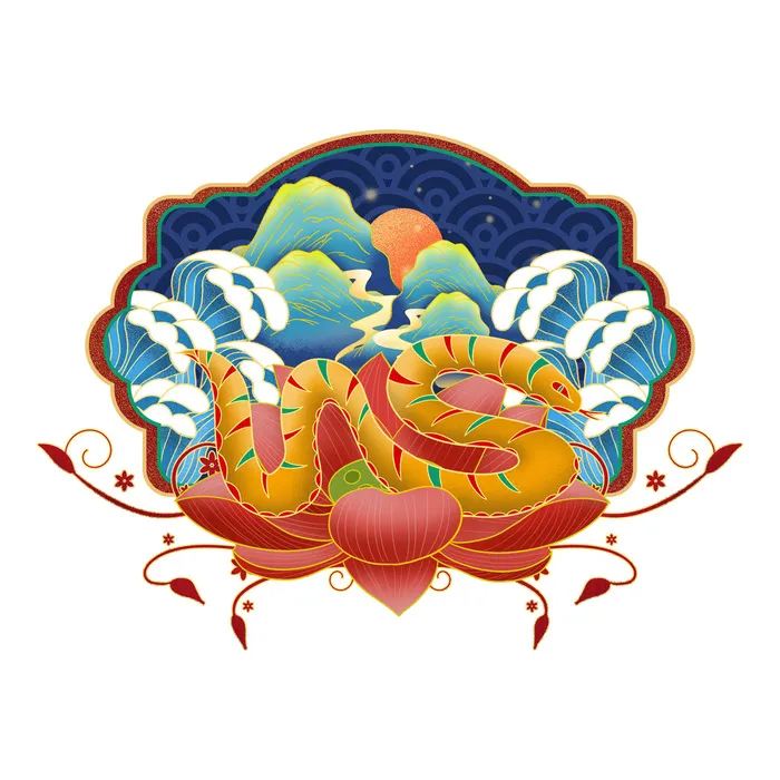 中国风国潮十二生肖蛇手绘烫金插画春节剪纸元素PSD设计素材psd模版下载