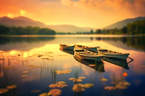 清澈的湖泊上停着整齐的几艘船摄影图