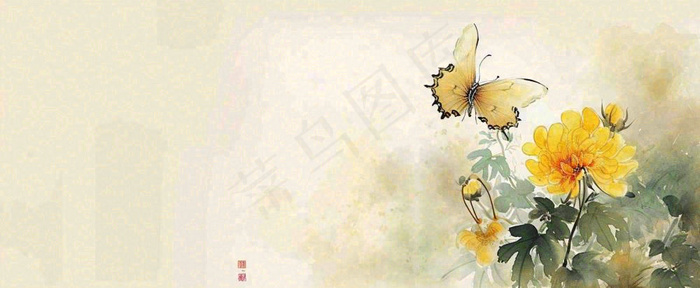 温馨纹理橙色花朵鲜花蝴蝶意境唯美，中国风(1712x704)