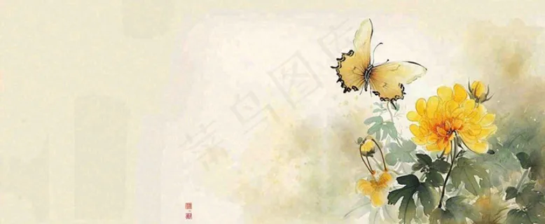 温馨纹理橙色花朵鲜花蝴蝶意境唯美，中国风