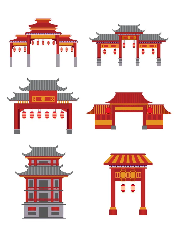 中国风复古式国潮门楼手绘城门插画牌楼建筑AI素材png免扣图ai矢量模版下载