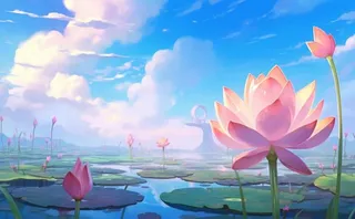 夏日荷花池塘天空插画背景