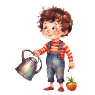 小男孩拿着水壶水桶浇水绿植草人物插画免抠