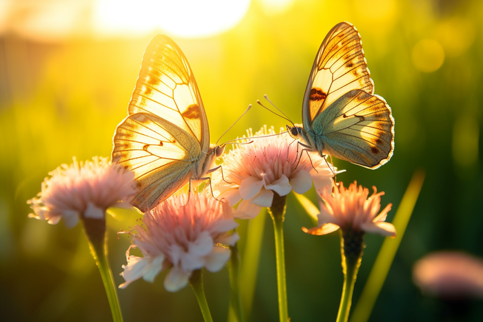 阳光下的两只蝴蝶停留在花朵上摄影图