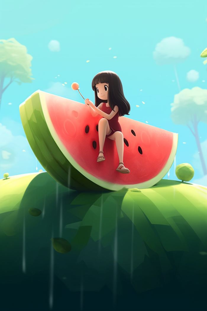 夏日坐着西瓜的少女插画素材(x)
