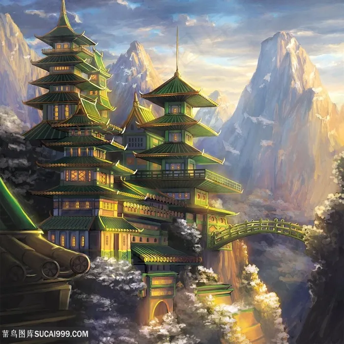 绿色建筑物中国风CG原画绘画图片