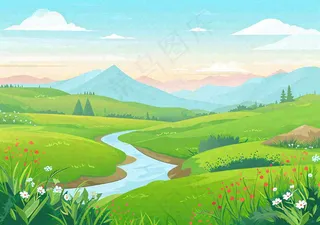 春日旅行草坪草丛花朵河流小溪野外郊游插画，春分