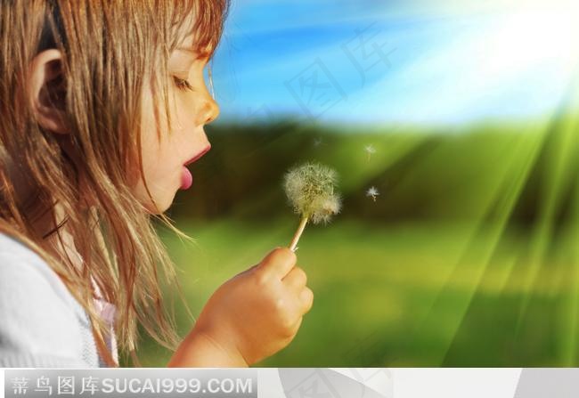 可爱儿童女孩吹蒲公英