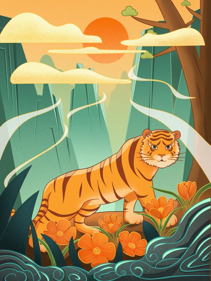 虎年中国风萌虎插画psd模版下载