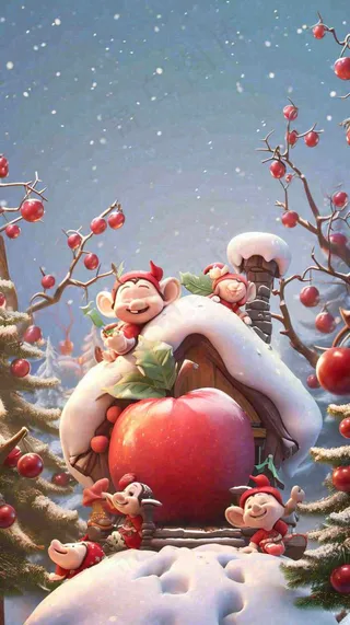 冬天苹果红色雪屋雪地雪花，圣诞节可爱卡通