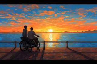 夕阳下骑自行车海边背景