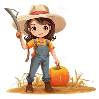 秋收女孩农忙工具南瓜麦子插画免抠