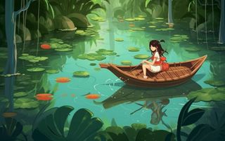 湖泊划船女孩山水风景背景