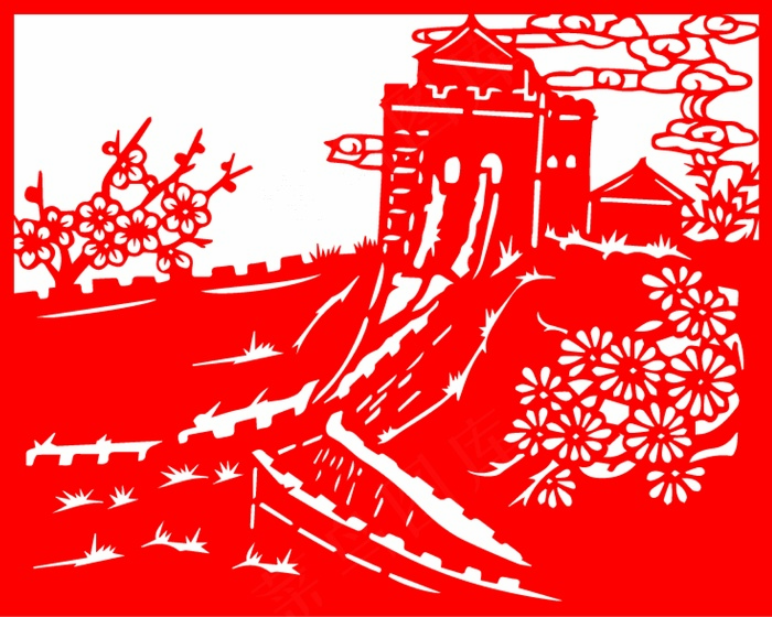 长城剪纸 剪纸风元素psd模版下载