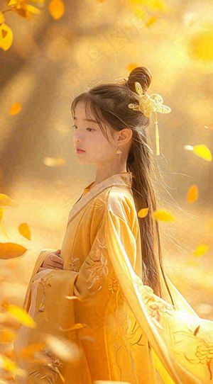 中国风秋天秋叶橙色古风美人手绘插画