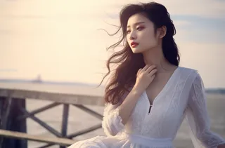 一个美女穿着一件漂亮的白色连衣裙在海边的拍照摄影图