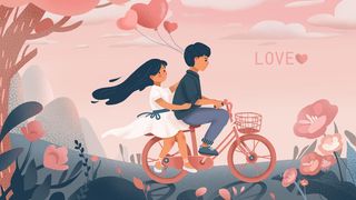 情侣单车爱情插画PSD素材