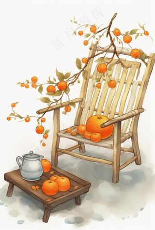古风橘子树藤椅插画背景