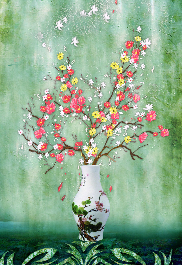 油画桃花平绿色装饰画psd模版下载