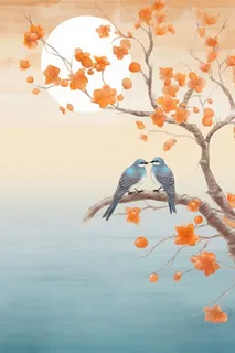 秋季树枝落叶小鸟渐变节气海报背景